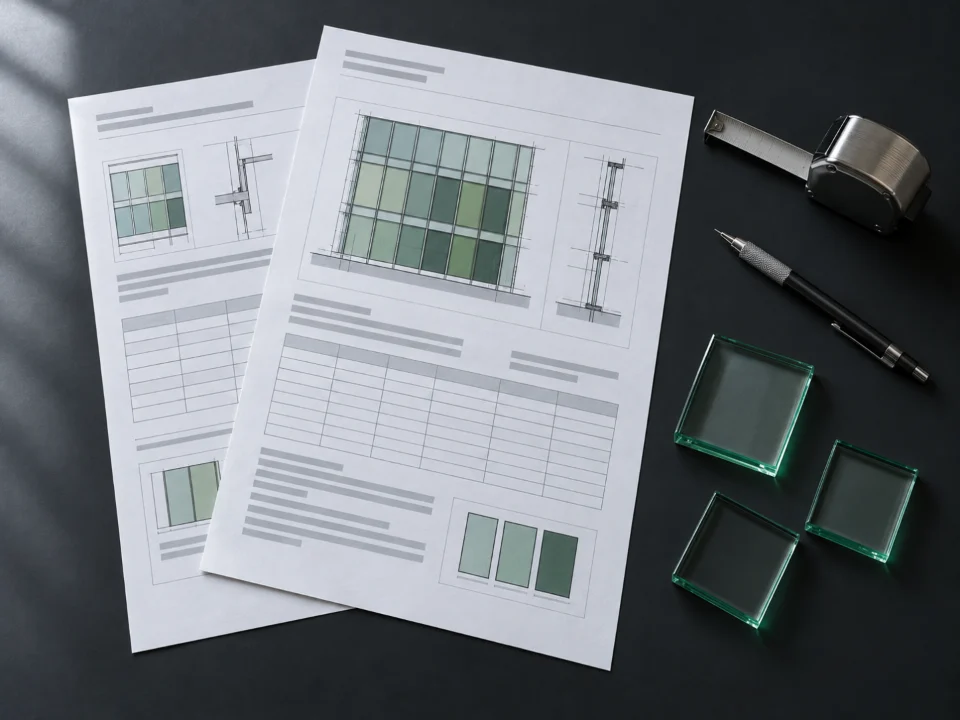 Illustration: two pages of a printed project report, with glass samples, a pencil and a tape measure
