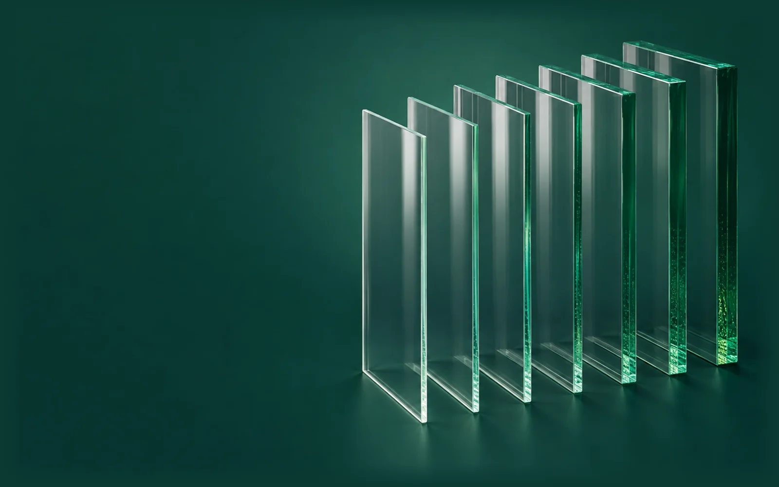 Seven panes of float glass from 4 to 19 mm standing side by side; the edge of each is greener as the glass gets thicker.