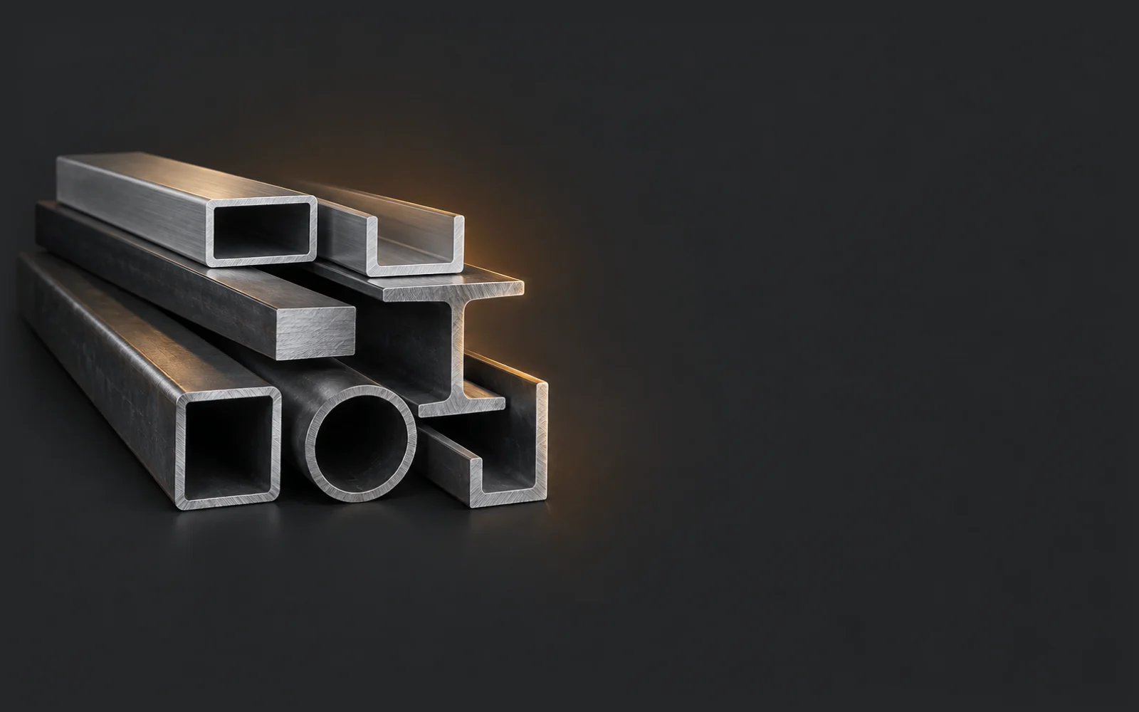 A stack of steel and aluminium profiles with their saw-cut ends towards you: tubes, an angle, a channel, an I-section and flat bar.