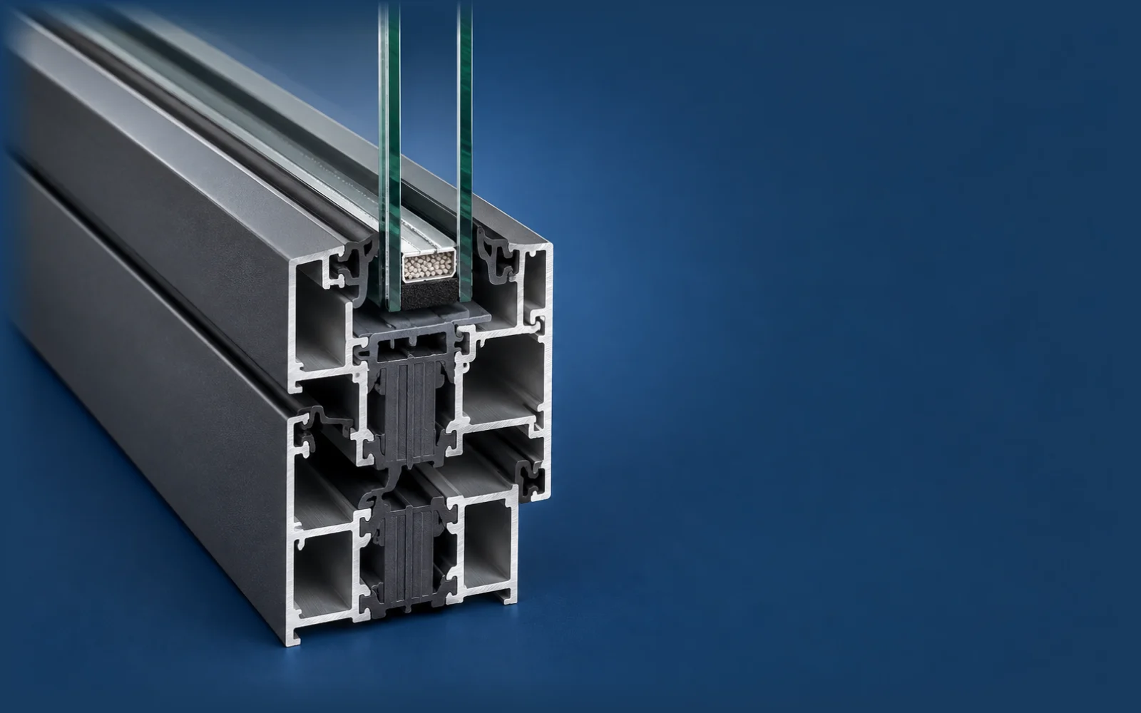 A thermally broken aluminium window frame cut in section, with a 4-16-4 insulating glass unit, its spacer, seals and gaskets.