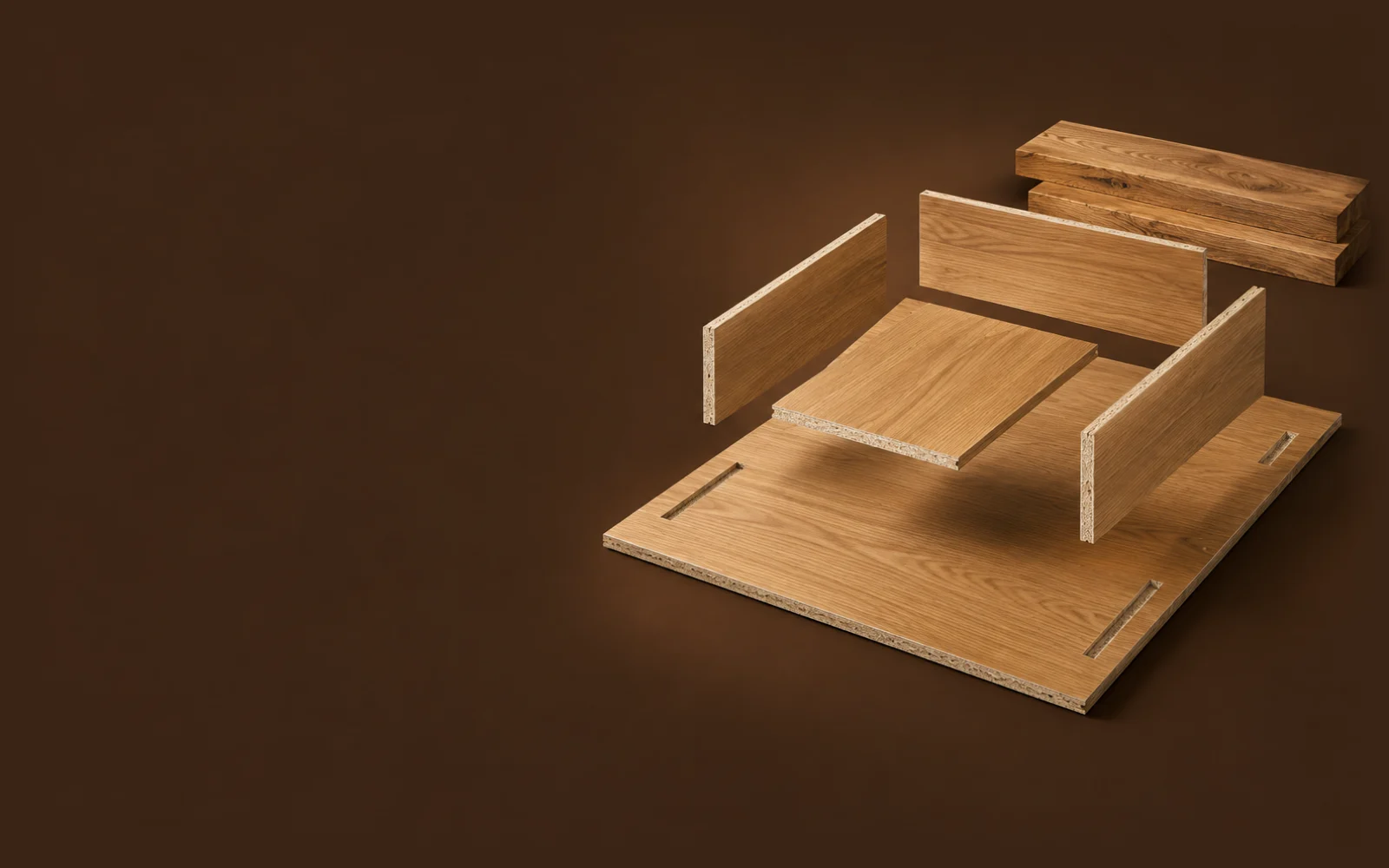 An oak-veneered board with four cabinet parts from a cutting plan lifted off it, the first with its edge banding, and oak planks behind.