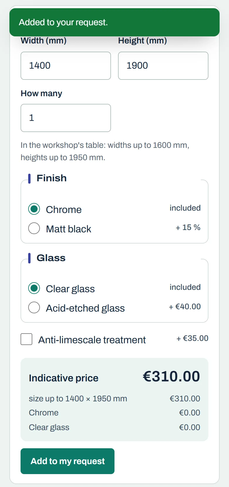 The configurator on a customer's phone: a sliding shower screen of 1400 × 1900 mm, its finish and glass, and its estimated price from the shop's own prices