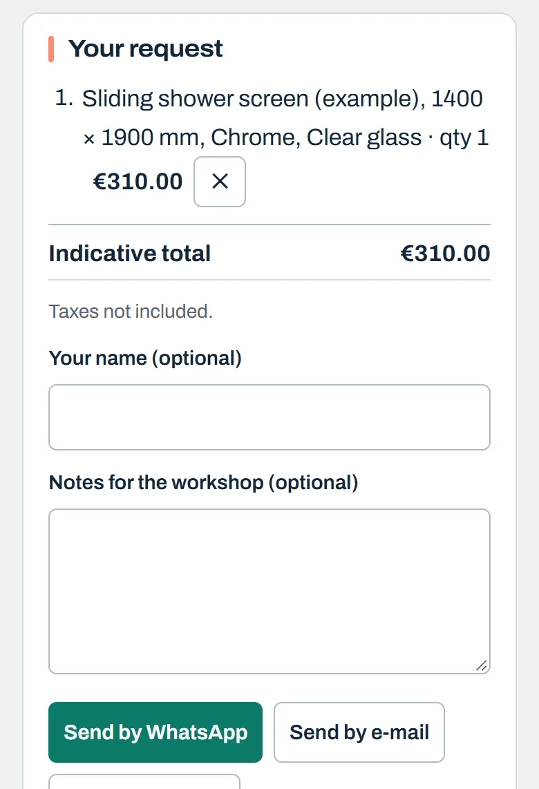 The customer's request with its estimated total and the buttons Send by WhatsApp and Send by email