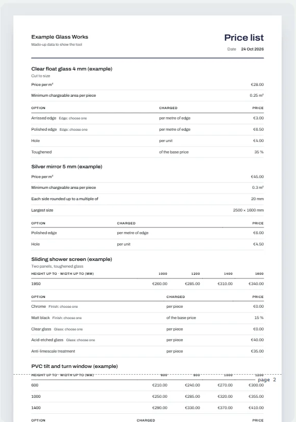 The printed price list: glass per m² with edgework, holes and toughening, mirror, and shower screens from a width and height table with finishes and glass
