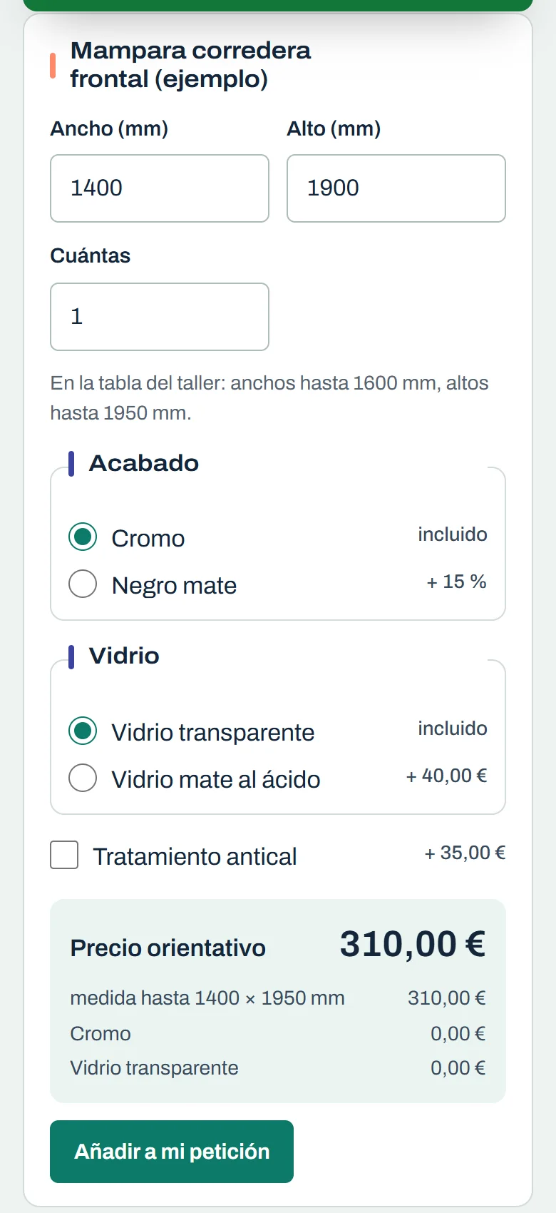 El configurador en el móvil de un cliente: mampara corredera frontal de 1400 × 1900 mm, acabado y vidrio, y su precio orientativo con los precios del taller
