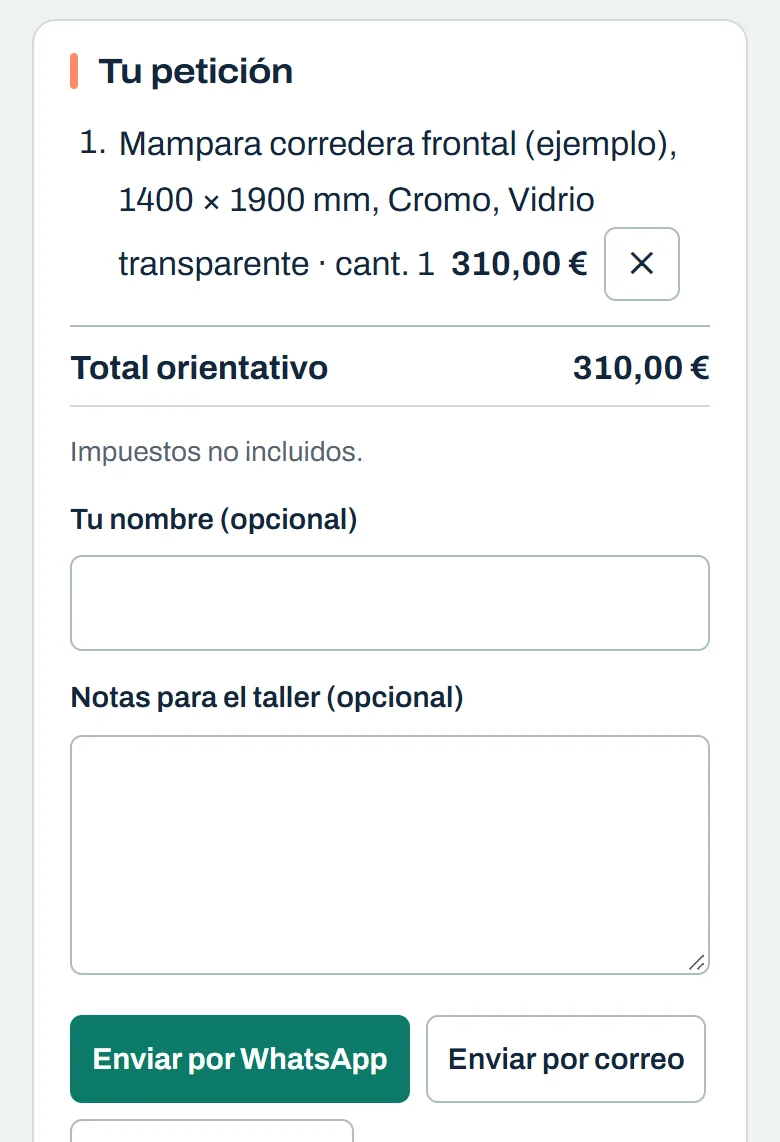 La petición del cliente con su total orientativo y los botones Enviar por WhatsApp y Enviar por correo