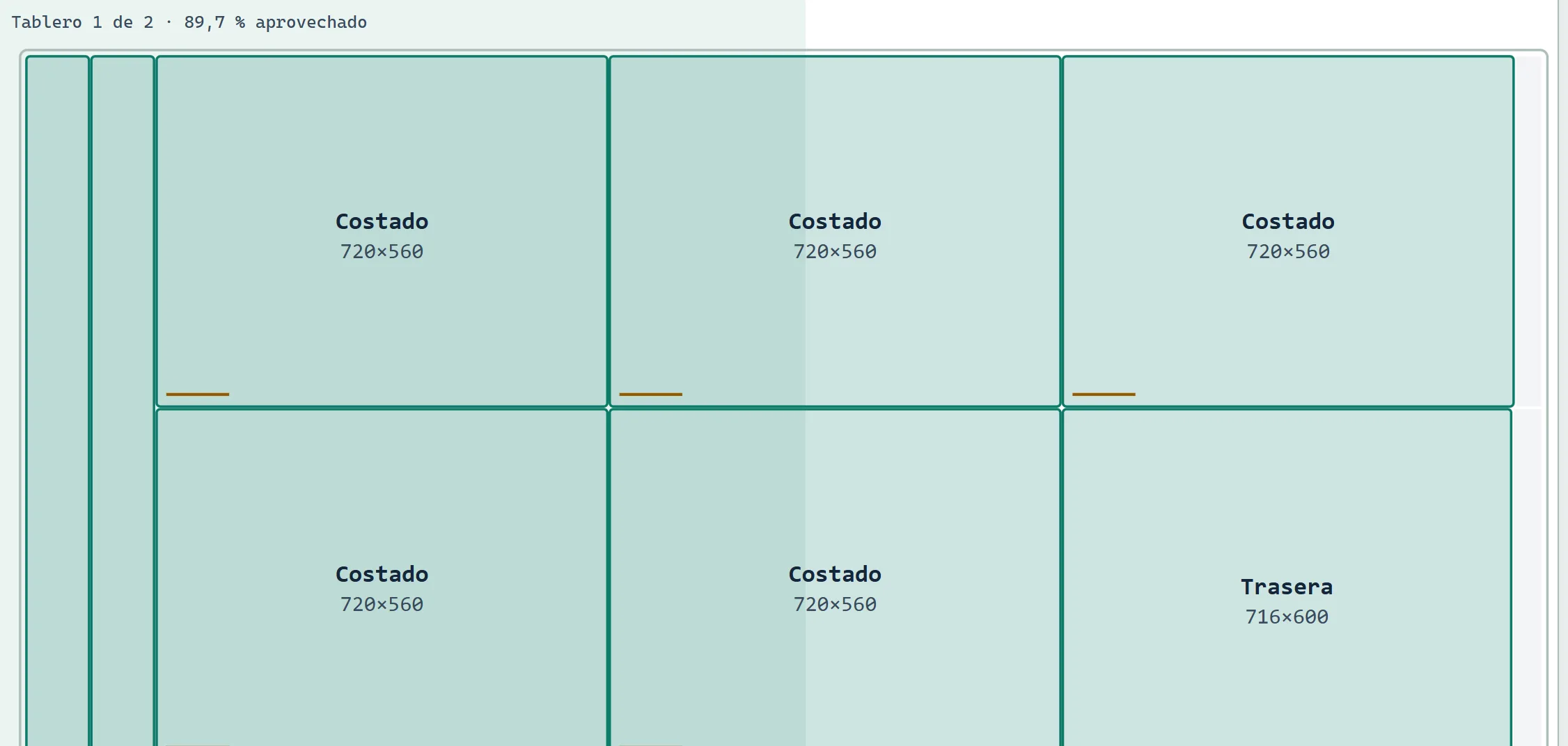 Plano de corte de tableros del ejemplo del propio optimizador: piezas a escala en una plancha, con cortes y retales