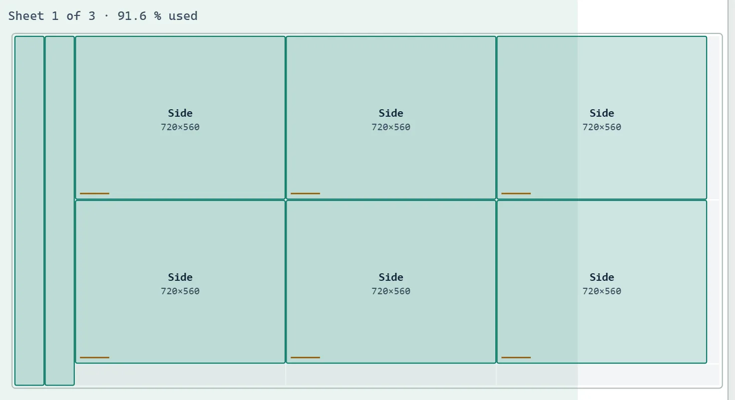Panel cutting plan from the optimizer's own example: parts drawn to scale on a sheet, with cuts and offcuts